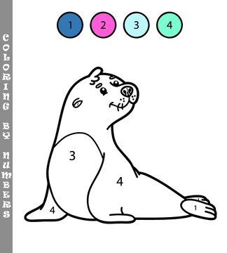 Vector illustration coloring by numbers game with cartoon seal for kids