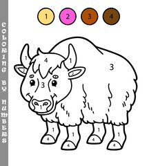 Vector illustration coloring by numbers game with cartoon  yak for kids