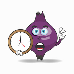 Purple Onion mascot character holding a wall clock. vector illustration