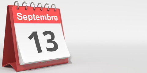 September 13 date written in French on the flip calendar page, 3d rendering