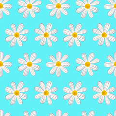 Seamless pattern with daisy on blue background, hand painted watercolor illustration