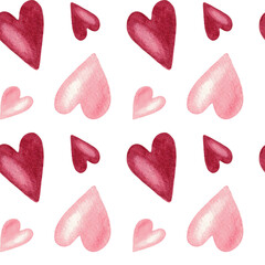 Seamless pattern with dark red and pink hearts on white background, hand painted watercolor illustration