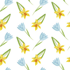 Seamless pattern with Blue and yellow flowers on white background, hand painted floral watercolor illustration