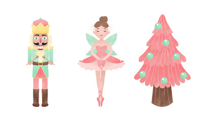 Nutcracker, ballerina, and pink Christmas tree. Fairy tale clip art. Watercolor effect vector.