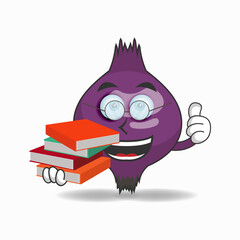 The Purple Onion mascot character becomes a librarian. vector illustration