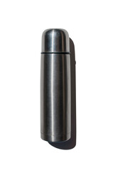 Vacuum aluminum thermos isolated on a white background, top view. Vertical photo