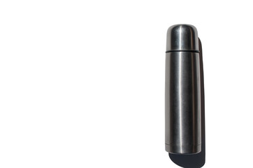 Vacuum aluminum thermos isolated on a white background. Top view, copy space
