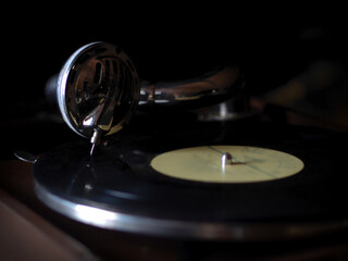 Vintage turntable vinyl record player close up