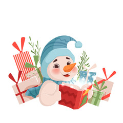 Cute funny Christmas snowman holds a magic book next to the gifts. Christmas illustration on a white background