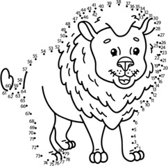 Vector illustration of dot to dot puzzle with happy cartoon lion for children
