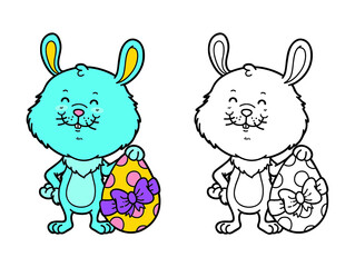 easter bunny coloring page. Vector educational coloring page of happy cartoon Easter bunny with Easter egg for children and scrap book