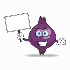 Purple Onion mascot character holding a white blackboard. vector illustration