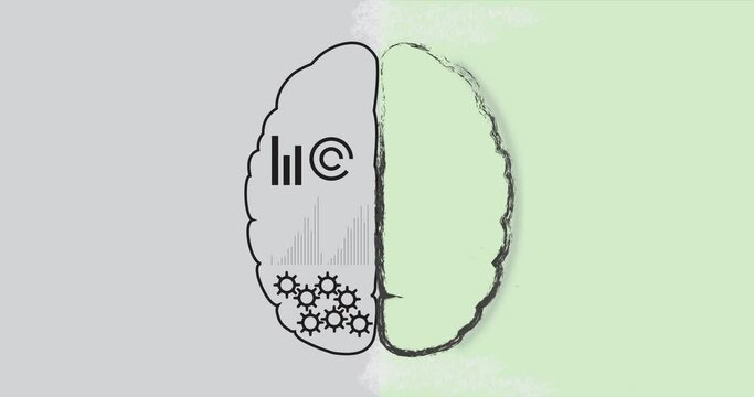 Animation of the left and right brain side. Left brain analytic, logic, strategy, science, mathematics, language... Right brain creativity, art, music, emotion, spirituality, imagination... 
  