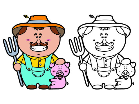 funny Farmer. Vector illustration coloring page of happy cartoon friendly Farmer holding a pitchfork for children and scrap book