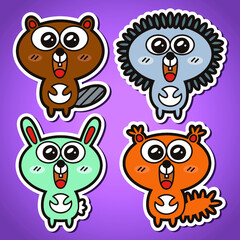 Funny vector stickers collection of forest animals