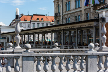 View from the famous triple bridge to the market place in Ljubljana on sunny day