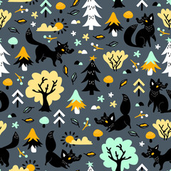 vector seamless background pattern with hand drawn forest and foxes