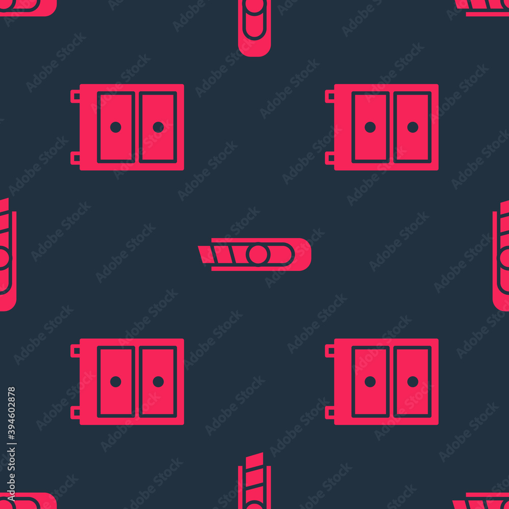 Poster set drawer with documents and stationery knife on seamless pattern. vector.