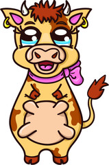 An illustration of funny cartoon cow with a bow on neck