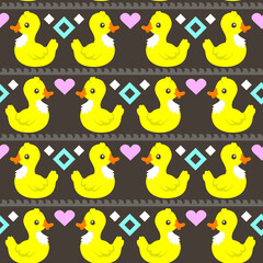 Fototapeta premium Seamless vector doodle pattern with waves and funny ducks