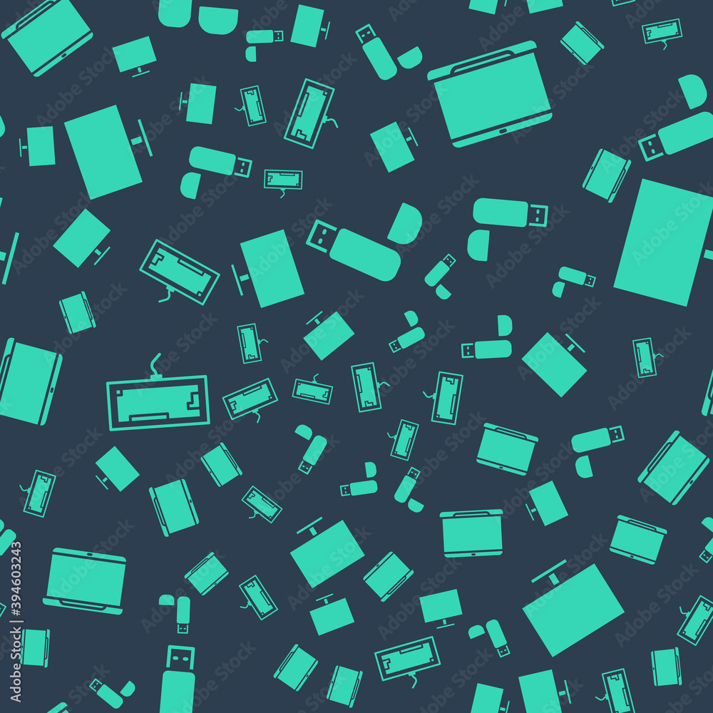 Poster set usb flash drive, laptop, keyboard and computer monitor screen on seamless pattern. vector.