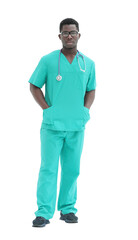 Fototapeta premium in full growth. smiling doctor in blue uniform.