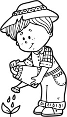 Vector illustration coloring page of happy cartoon gardener for children and scrap book