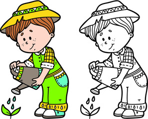 Vector illustration coloring page of happy cartoon gardener for children and scrap book