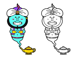 Vector illustration coloring page of happy cartoon Genie and his magic lamp  for children and scrap book