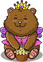 Vector illustration of happy cartoon bear with birthday or anniversary of wedding cupcake
