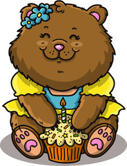 Vector illustration of happy cartoon bear with birthday or anniversary of wedding cupcake
