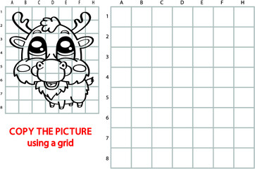 Vector illustration of grid copy puzzle with happy cartoon character for children