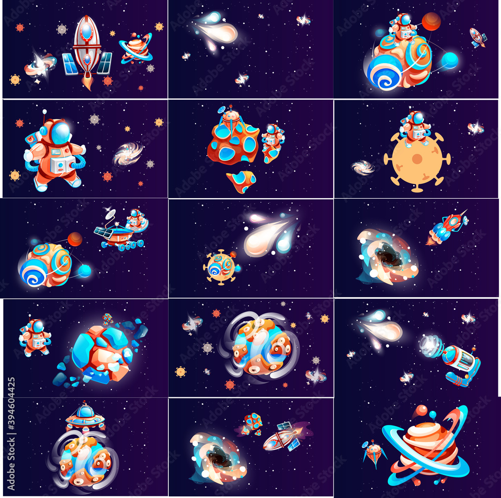 Fototapete space game elements. outer space objects symbols and design elements spaceships planets meteorites. 
