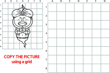 Vector illustration of grid copy puzzle with happy cartoon character for children