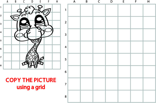 Vector illustration of grid copy puzzle with happy cartoon character for children