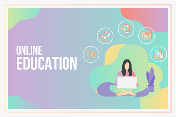 Online education concept with text place.Stay School Learn Study from home via teleconference web video conference call during coronavirus COVID-19 pandemic outbreak.E-learning infographic concept.