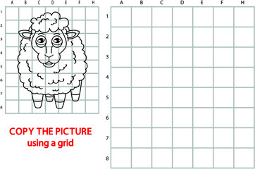 Vector illustration of grid copy puzzle with happy cartoon character for children