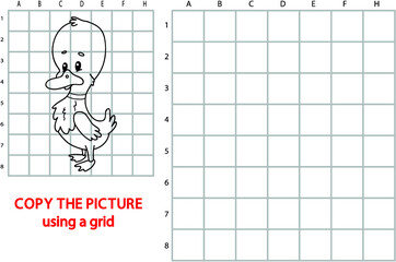 Vector illustration of grid copy educational puzzle game with happy cartoon character for children