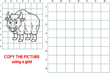 Vector illustration of grid copy puzzle with happy cartoon yak for children