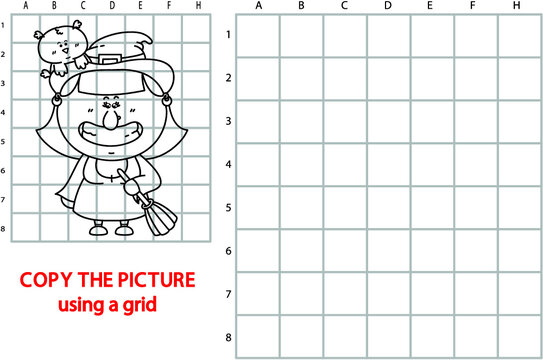 Vector illustration of grid copy puzzle with happy cartoon witch for children