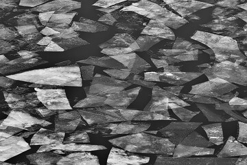 spring ice drift on the river / background texture floating ice, March on the river