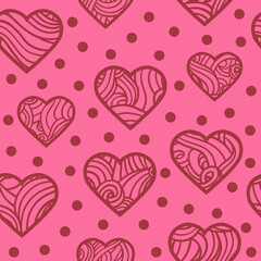 Cute Seamless vector pattern of doodle hearts with waves