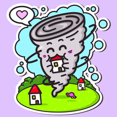 Vector illustration of kawaii tornadoes which is eating house