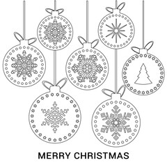 Christmas greeting card with ornaments black and white vector illustration