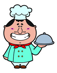 vector illustration of kawaii Cook which is holding a dish.