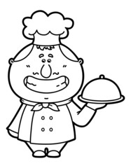 Vector illustration coloring page of happy cartoon friendly Cook which is holding a dish for children and scrap book