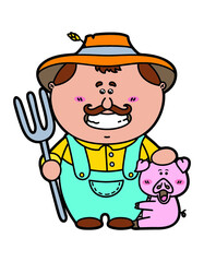 Vector illustration of friendly Farmer holding a pitchfork