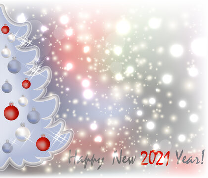 Happy 2021 New year invitation card with xmas tree and xmas balls, vector illustration