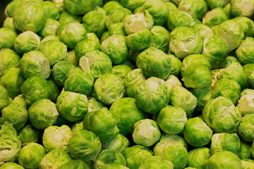 Lots of green brussels sprouts, fresh green vegetable