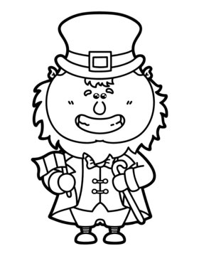 Vector illustration coloring page of happy cartoon Leprechaun which is holding Irish flag for children and scrap book